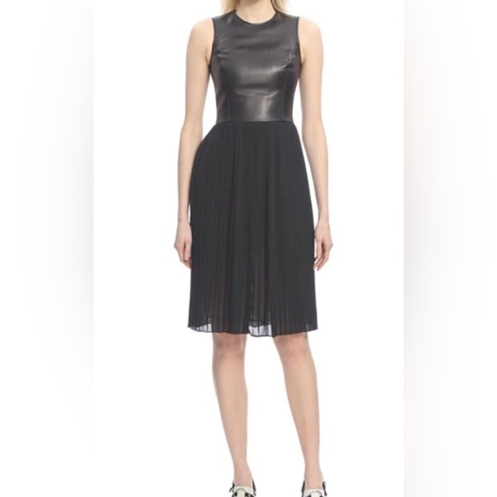 Michael Kors Collection Vegan Leather & Pleated Chiffon Dress Black Sz 2